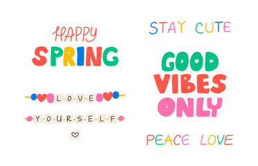 Beads bracelets with words and flat lettering. Quotes happy spring, good vibes only, peace, love and stay cute. Vector illustration in kidcore, 00s, 90s style