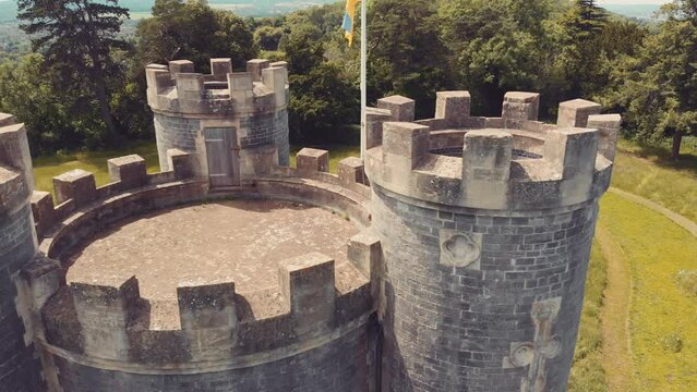 Aerial of castle in the woods - Blaise Castle estate, Bristol, UK
