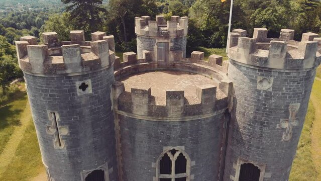 Aerial of castle in the woods - Blaise Castle estate, Bristol, UK