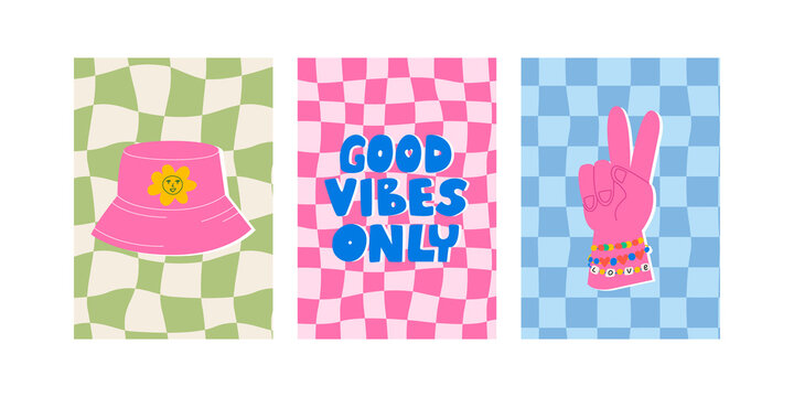 Good vibes only, vector hand drawn art with preppy aesthetic psychedelia  style Stock Vector