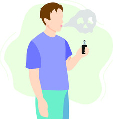 The man vapes and blows out the skull. Flat vector illustration. Isolated on a white background