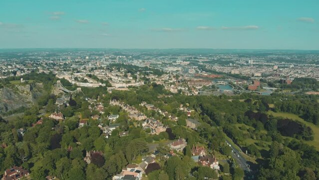 Aerial drone shot of Clifton Suspension Bridge, Bristol city and River Avon on sunny summer's day