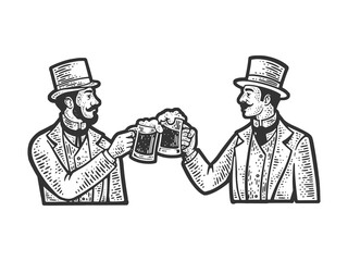 Friends gentlemen beer party cheers drinking alcohol sketch engraving vector illustration. T-shirt apparel print design. Scratch board imitation. Black and white hand drawn image.