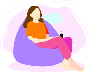 The girl is vaping while sitting in a bag chair. The vector illustration is highlighted on a white background.