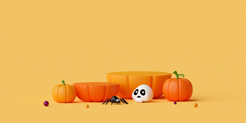 3d illustration of Halloween podium with Halloween pumpkins