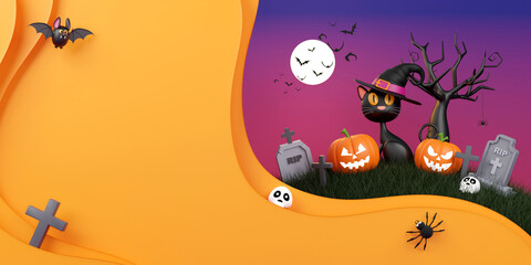 Naklejka premium 3d illustration of Happy Halloween banner with Jack O Lantern pumpkins and black cat