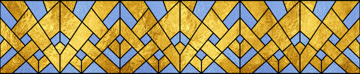Stained glass window. Abstract stained-glass background. Art Deco geometric gold and blue decor for interior. Modern 3d pattern with optical illusions. Luxury modern interior. Transparency. 