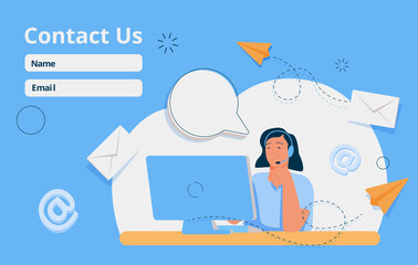 Contact Us Form Template for Web and Landing Page. Female Customer Service Agent with Headsets Talking with Client.