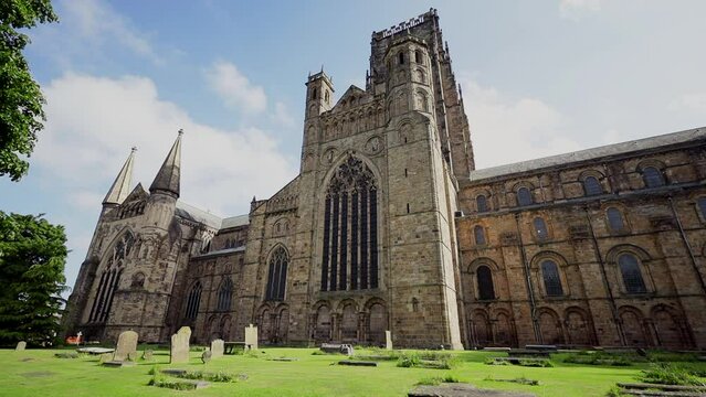 Durham England: 2022-06-07: Durham Cathedral exterior during sunny summer day