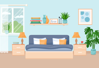 Cozy modern bedroom interior with furniture and windows. Vector illustration