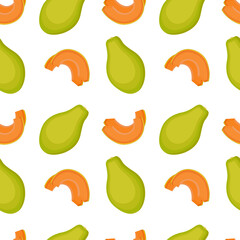 Seamless pattern with papaya, whole fruits and slices, vector illustration