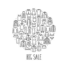 Round banner Big Sale with man and woman clothes and accessories icon, vector illustration