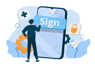 New User Online Registration and Sign Up Concept. Tiny Characters Signing Up on Huge Smartphone with Secure Password