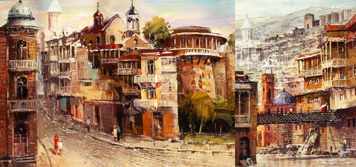oil painting, urban view of European city , 2 in 1 - 515030175