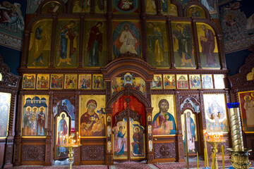 Fototapeta na wymiar Interior of church in Holy Intercession Holosiivsky Monastery in Kyiv, Ukraine