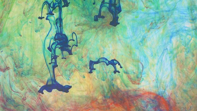 Liquid abstractions, the dissolution of blue, yellow, red and green paint in water.