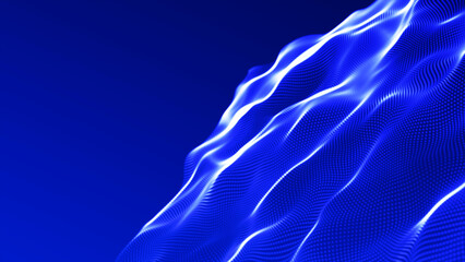 abstract blue and white curved lines in the form of waves with a dotted white pattern on a blue background. Template for cover, flyer or banner