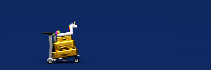 White Unicorn inflatable pool toy and luggage on airport trolley in studio background widescreen travel concept. 3D illustration render.