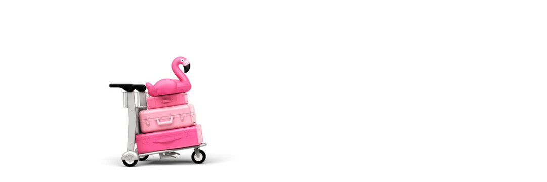 Pink Flamingo Inflatable Pool Toy And Luggage On Airport Trolley In Studio Background Widescreen Travel Concept. 3D Illustration Render.