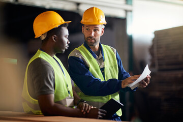 Warehouse workers analyzing distribution plans while working at wood department.
