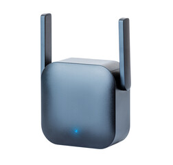 Black wi-fi range extender with small antennas, plugged into an electrical outlet. Isolated with...