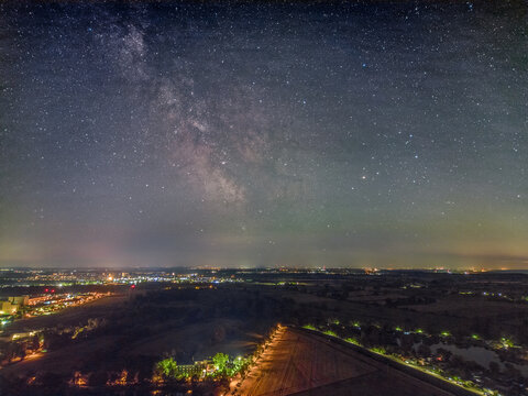 Experimental image using a 249-gram drone to capture the night sky with the Milky Way over the Rhine Valley near Ketsch in Germany.