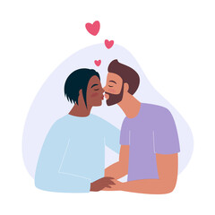 Young male gay couple in love. Two kissing and hugging men. LGBT couple. Flat vector illustration for valentines day cards, postcards, posters, web design.