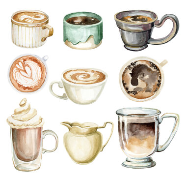 hand drawn watercolor coffee clipart. A cup of Americano, espresso, latte. French press,  kettle with coffee, bakery products, croissant. Belgian waffles. Composition of coffee flowers and muffins