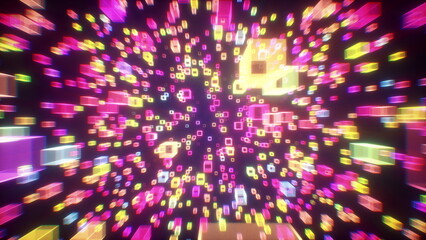 Digital abstract technology background. Motion inside futuristic glowing cubes grid. Virtual reality, internet data exchange and cryptocurrency blockchain concept. 3D render