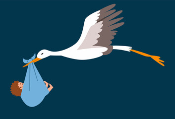 vector illustration of a stork in flight with a child in a flat style, isolated on a blue background