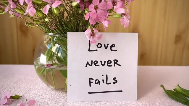 Love never fails - beautiful card with pink bouquet of flowers, biblical religion concept in slow motion