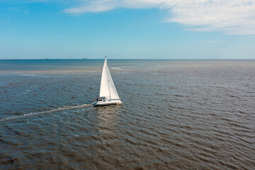 Aerial from sailing on the Wadden Sea in Friesland the Netherlands