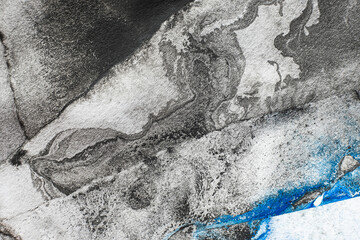 Grunge paper texture. Old stained background. Worn piece layers. Black blue paint splatter dust on white uneven frayed edge art abstract surface with free space for logo.
