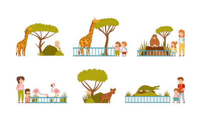Cute kids visiting zoo set. Little children with their parents looking at giraffe, flamingo, crocodile animals cartoon vector illustration - obrazy, fototapety, plakaty