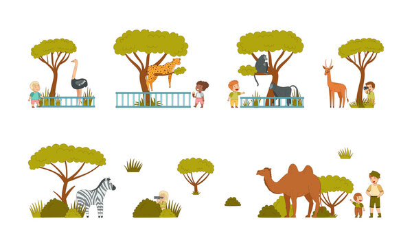 Cute kids visiting zoo set. Little children with their parents looking at monkey, leopard, ostrich, zebra, camel animals cartoon vector illustration