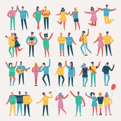 Vector background in a flat style of group of happy friends celebrating birthday party.