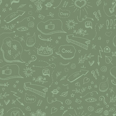 Social media vector doodles. Seamless pattern with hand drawn doodle elements.