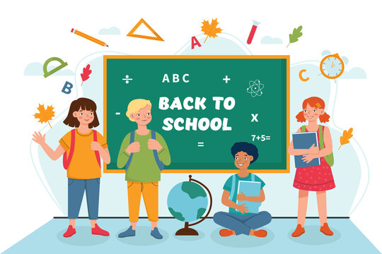 Happy kids in the classroom with the board, back to the school concept, cute characters. Vector illustration in a flat style in the theme of the school.