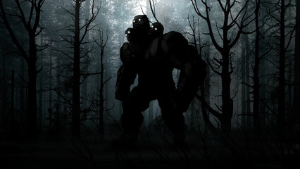 A dark, mysterious landscape with a stone giant among dry, dead trees and bushes. A huge, scary monster with three heads and glowing eyes walks through a creepy, gloomy forest in a thick fog at dusk.