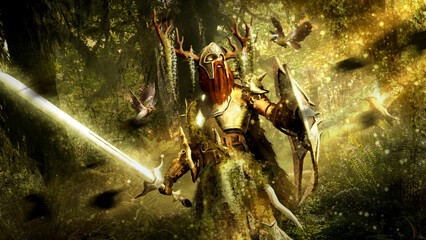 A forest warrior in close-up with a luminous sword in armor with magic stones stands in the sunlight among green plants and fabulous birds. A fantasy character in a helmet with horns and a shield.