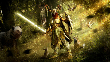 The guardian of the forest with a glowing sword in armor with magic stones stands in the sunlight among fairytale plants, birds and animals. A fantasy character in a helmet with horns and a shield. © Dimart_Graphics