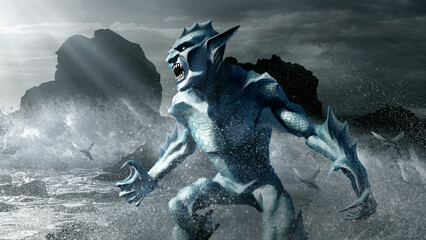 A sea goblin close up with sharp claws and fangs, with fins and scales stands on the ocean shore with big waves and a rocks behind his back. A water predatory creature with long ears similar human.
