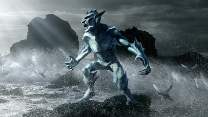 A sea goblin in full-length with sharp claws and fangs, with fins and scales stands on a small rock on the ocean shore with big waves and a dark sky behind his back. A water monster similar human.