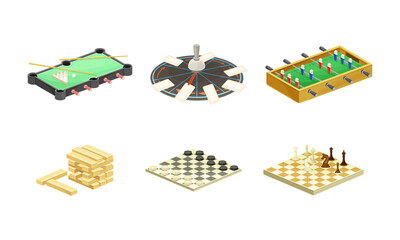 Board games set. Football, billiard, soccer, roulette, jenga, chess tabletop game vector illustration