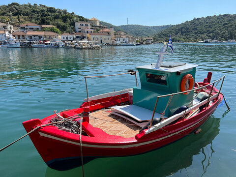 Small fishing boats anchored in the harbor in Greece on the Mediterranean Sea. Aetolia Acarnania Marina in Lefkata Patras Greece. Go Everywhere