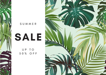 Hawaiian floral design with monstera palm leaves. Exotic tropical summer vector background. - obrazy, fototapety, plakaty