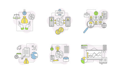 Human resource management, professional staff searching, business analytics and finance data analysis linear signs set vector illustration