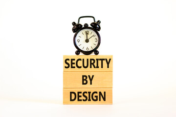 Security by design symbol. Concept words Security by design on wooden blocks on a beautiful white table white background. Black alarm clock. Business finacial security by design concept. Copy space.