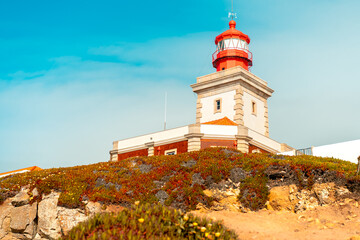 View of the Cabo da Roca Lighthouse. Sintra, Portugal. Portuguese Farol de Cabo da Roca is a cape...