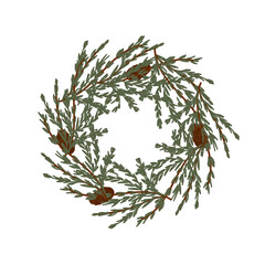 Naklejka na ściany i meble Christmas wreath isolated on white background. Minimal design template. Branches of needles and cones. Vector cartoon editable illustration